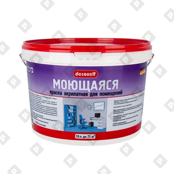 Краска моющаяся Pufas Decoself моющаяся, белая, мороз. (10 л) - №1